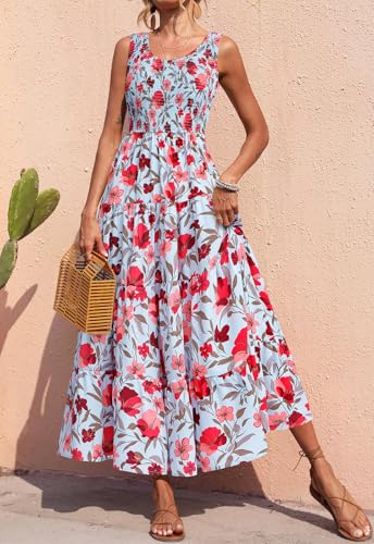 Image of PRETTYGARDEN Smocked Tank Floral Maxi Dresses for Women 2026 Wedding Guest Dress Sleeveless Flowy Long Sundress with Pockets