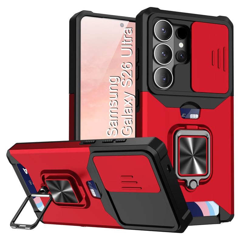 Image of LuxuryKase Shockproof Armor Case for Samsung Galaxy S26 Ultra | Slide Camera Cover | Hidden Card Slot | Rotating Ring Kickstand | Magnetic Car Mount Support | Military Grade Protection - Red