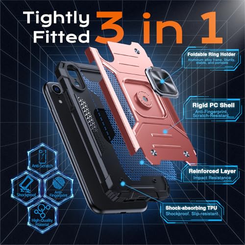 Image of Anqrp Heavy Duty Case for iPhone XR Case with Enhanced Ring Holder Grip Stand, Military Grade Shockproof Rugged Drop Protective Silicone Hard Slim iPhone XR Phone Case Cover,Pink Gold