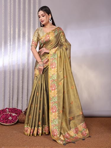 Image of SWORNOF Gold-Toned Woven Design Silk Zari Tissue Saree | Saree for Women | Soft and Skin Friendly