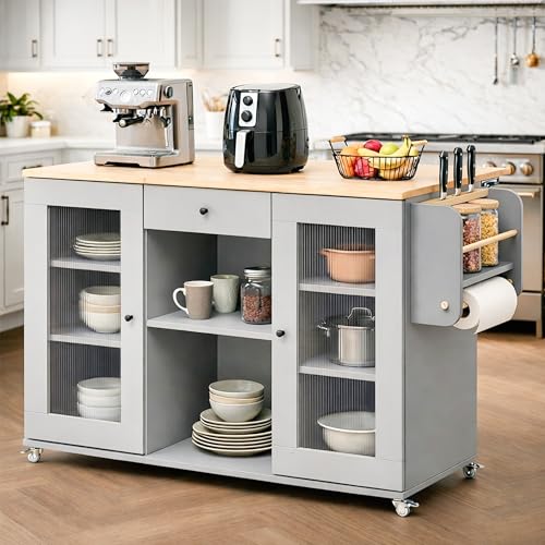 Image of Rocco Walky Kitchen Island Storage Cabinet with Wheels, Solid Rubber Wood Top, Fluted Acrylic Doors, Built-in Power Sockets & LED Lights, Soft-Close Hinges & Side Organizer (Grey, Large & Extendable)