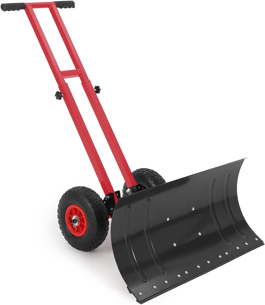 Snow Shovel with Rubber Wheels,29" w x 14" h Angled Blade, Back Saver Snow Pusher with Adjustable Double Rod, 5-Position Adjustment for Driveway & Sidewalk, Black & Red