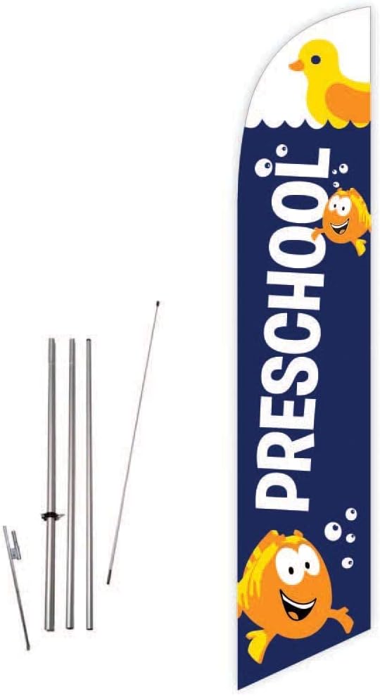 GLOBAL ADVERTISING SOLUTIONS Preschool Feather Flag Eye Catching Banner Sign for Business and Marketing Complete Set with 15 ft Pole Kit and Ground Spike