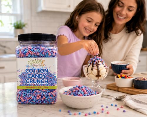 Image of Cotton Candy Crunch 2.5 lb | Dessert Topping & Decoration for Ice Cream, Sundaes, Cakes, Cupcakes, Milkshakes & Frozen Yogurt | Bulk Reusable Bottle | Dasher's Spice & Beans