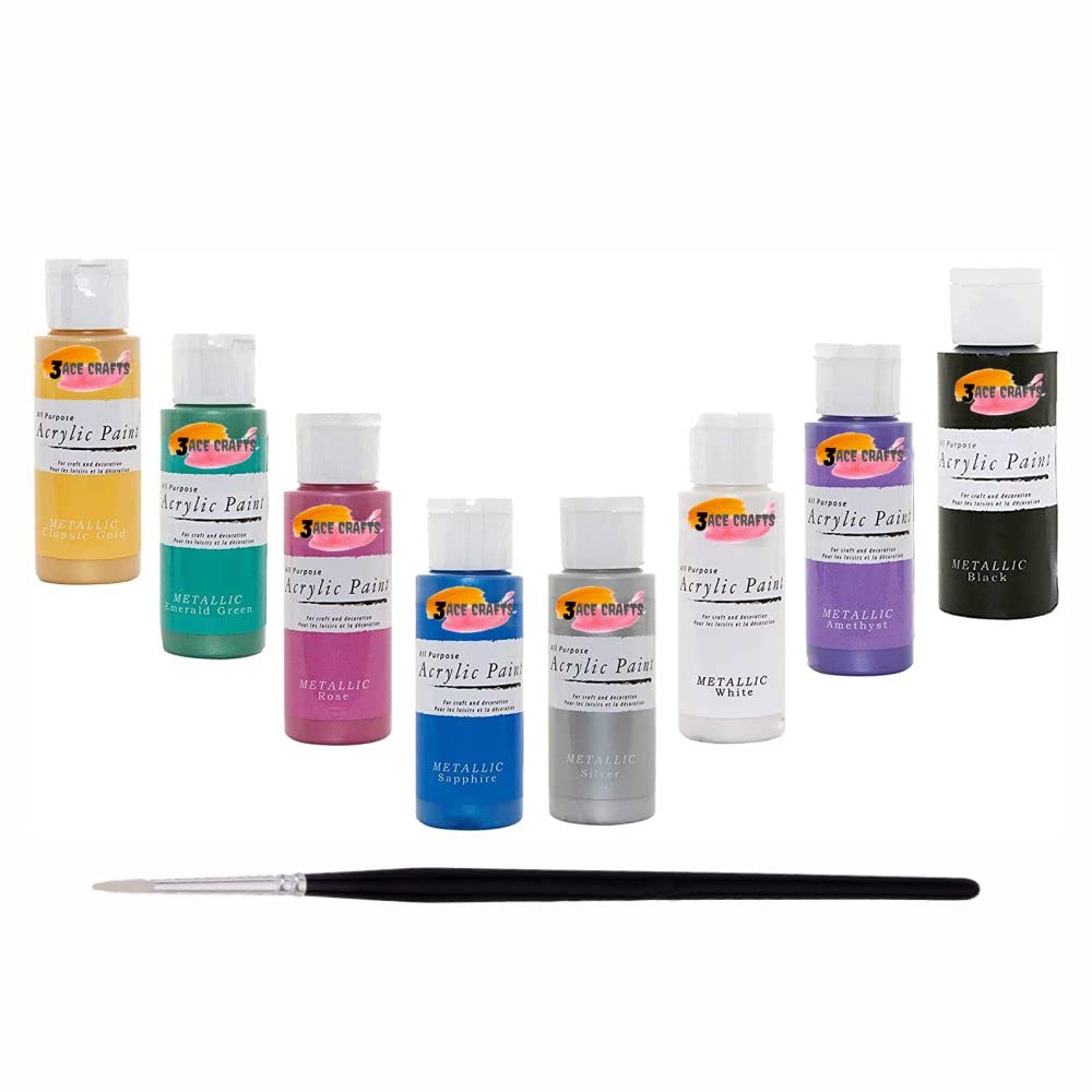 3 Ace Crafts Acrylic Paints Set of 8 Colors, Water-Based Paint with Brush for Craft Decoration and Drawing, Floetrol Fabric Paint for School Kids, Garden and Art Supplies - 59 Milliliters.