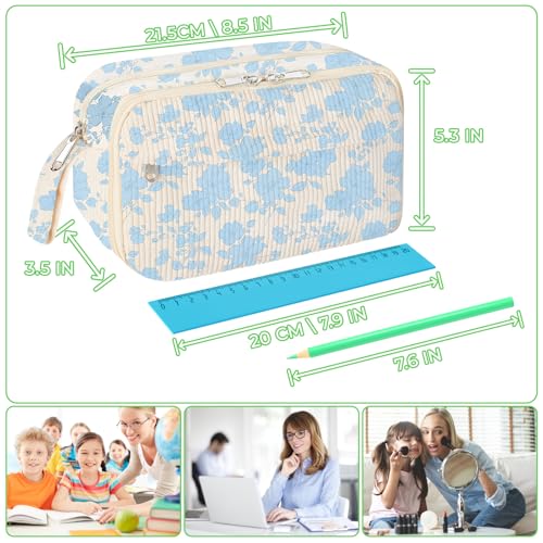 Image of WOBAGMEN Cute Pencil Case,Large Corduroy Zippered Pencil Case Pouch, aesthetic Pencil Bag with Compartments, Pencil Pouch School Supplies (Blue Floral)