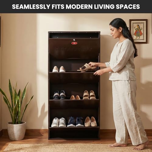 Image of Skywave Luxury Wall Mounted Metal Shoe Rack for Home - 4 Shelf, Holds Up to 25 Pairs | Central Locking Shoe Cabinet | Space Saving | Heavy Duty Steel | 3 Year Warranty (Coffee Brown, 26 Inches)