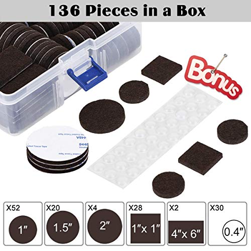 Furniture Pads 136 Pieces Pack Self Adhesive Felt Pad Brown Felt Furniture Pads 5Mm Thick With Case + Rubber Non Slip Pads Self-Stick 2 Pieces Black #TOP21