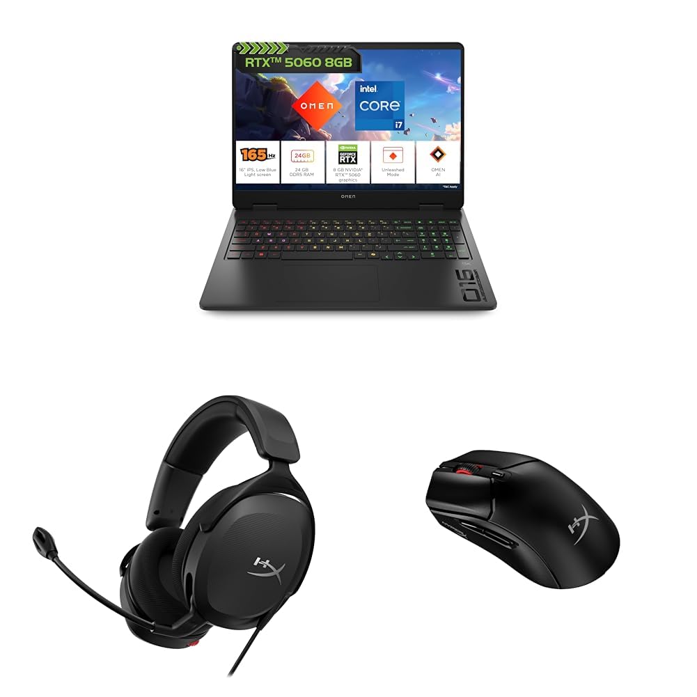 HP Omen, Intel Core i7-14650HX 14th Gen, 8GB RTX 5060, 24GB DDR5 1TB SSD with HyperX Cloud Stinger 2 Core Gaming Wired Headset & HyperX Pulsefire Haste 2 2.4Ghz Wireless, Up to 12000 DPI Gaming Mouse
