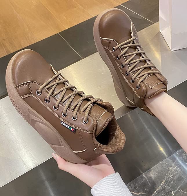 AUNTHUI Women'S Soft Leather Comfortable Casual Sneakers,Round-Toe Lace-Up Platform Sneakers,Outdoor Anti-Slip Shock Absorbing Heighten Fashion Running Sneakers3