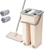 Mop Flat Multiuso com Balde Duplo Lava e Seca, Cabo em Aço Inoxidável, Microfibra, Bege, 2 Refis Inclusos