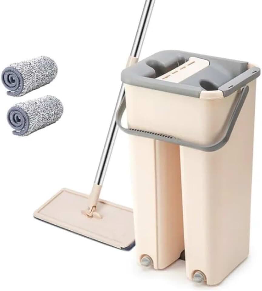 Mop Flat Multiuso com Balde Duplo Lava e Seca, Cabo em Aço Inoxidável, Microfibra, Bege, 2 Refis Inclusos