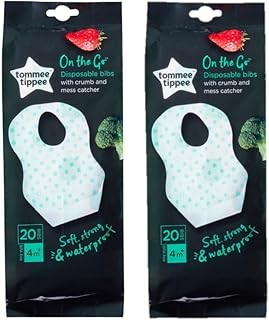 Tommee Tippee Explora 40 Pack Disposable Baby Bibs with Crumb Food Catcher Lips Colourful Cars, Dinosaurs & Leaves Design Boys & Girls Age 4 Months+ BPA-Free Waterproof Backing, 20count (Pack of 2)
