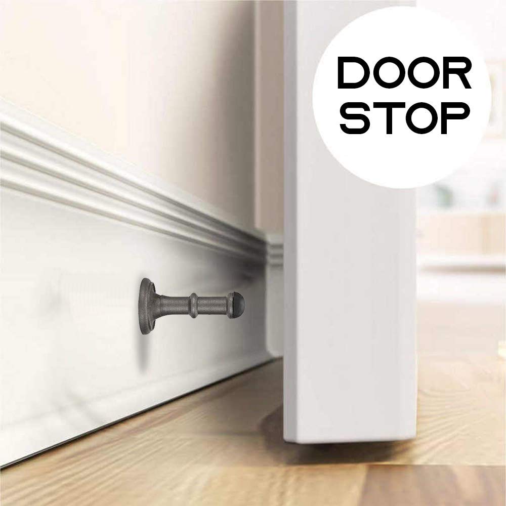 Juego de 2 topes de puerta de hierro antiguo – Tope de puerta resistente de 3 pulgadas – Tope de puerta rígido con puntas de goma negra de montaje bajo, protege la pared y la puerta para cocina
