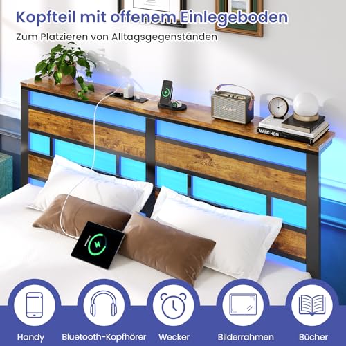 Brinlawb Bett 120x200 mit Lattenrost aus Metall, Doppelbett Bettgestell 120x200cm mit LED Beleuchtung und Ladestation (2 AC-Steckdosen, 1 USB-Anschluss und 1 Type-C-Anschluss) Metallbett mit Kopfteil