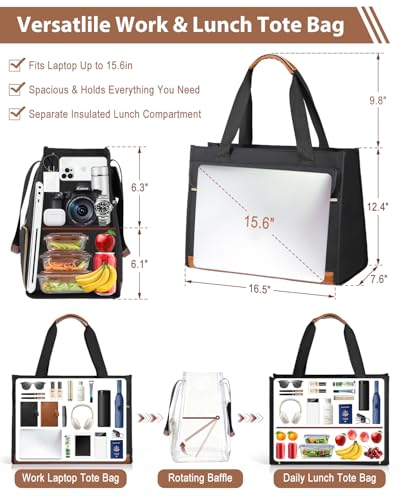 Bnlcd Lunch Tote Bag for Women - 15.6 Inch Laptop Work Bag with Insulated Lunch Compartment - Large Capacity Quilted Computer Handbag - Leakproof Lunch Box for Women Adults, Black - image 4