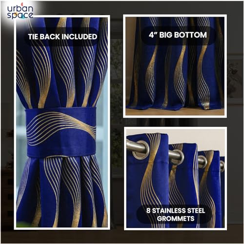 Image of Urban Space 80-85% True Blackout Curtains for Door, Gold Foil Printed Blackout Curtains, Decorative Door Curtain Eyelet with Tieback, 1 Piece Curtain for Living Room(Double Wave Navy Blue, 7 Feet)