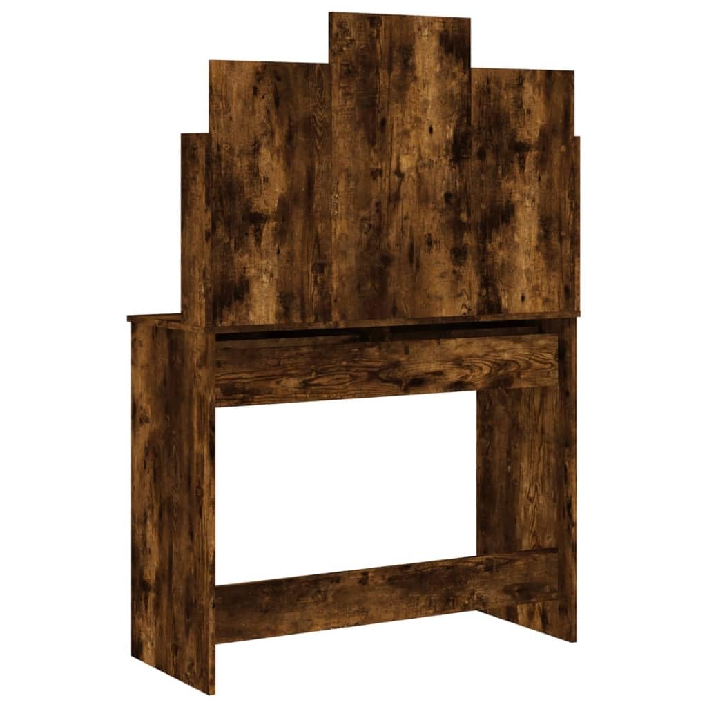Schminktisch mit Spiegel Räuchereiche Holzwerkstoff 96x39x142 cm mit Schublade Ablage Stauraum und Hocker für Schlafzimmer Ankleidezimmer Jugendzimmer Mädchen