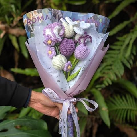 Wishprom Handmade Crochet Gradient Tulips Carnations Puff Stitch Flowers Bouquet, Knitted Artificial Knit Flowers with Exquisite Wrap, Gift to Girlfriend Mom Women, Perfect for Valentines, Home Decor Cover