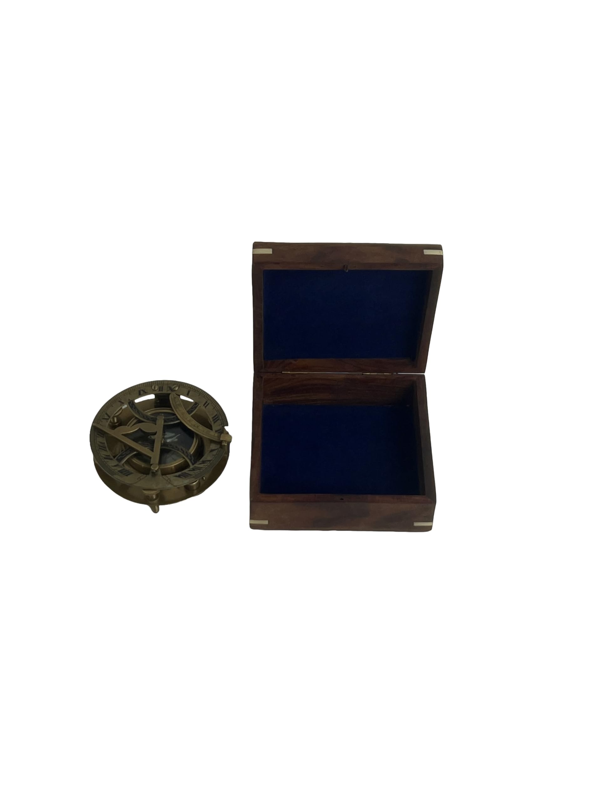 Bussola meridiana vintage in ottone con scatola di legno, finitura lucida anticata, regalo nautico, 11 x 11 x 4 cm