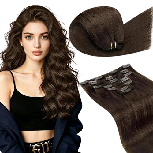 LaaVoo Human Hair Extensions Clip in Real, Medium Brown Hair Extensions for Quick Volume, Silky Straight, Natural Clip in Human Hair, 120g 20 inch 7pcs