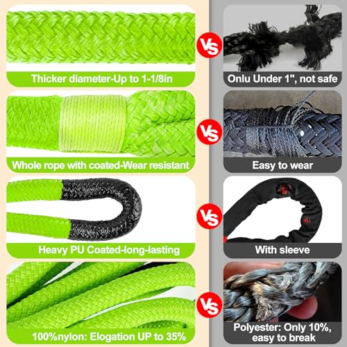 Image of NTR 1-1 /8 inch x 20' Kinetic Recovery Tow Rope (37,480lbs), with 2 UHMWPE Soft Shackles (40,980lbs), Heavy-Duty Offroad Snatch Strap, Vehicle Recovery kit for Jeep car Truck ATV UTV SUV, Green