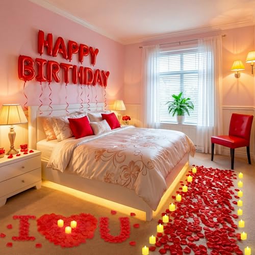 Image of Red Happy Birthday Balloons Decorations Happy Birthday Letter Balloons Banner Set with 24pcs Round Flameless LED Candles and 2000pcs Artificial Rose Petals for Women Men Room Party Decor