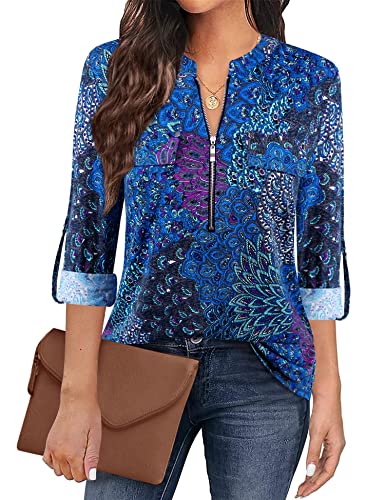 Bulotus Ladies 3/4 Sleeve Tops and Blouses, Professional Blouses for Women Business Casual Long Tunic Shirts for Leggings Dressy Zipper V Neck Shirts Loose Fit, Aqua, Medium