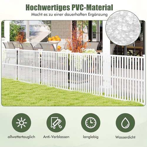 COSTWAY Gartenzaun 2-teilig, 114 cm hoch, Zaun mit Pfosten & Schutzkappen, PVC Sichtschutzzaun, Steckzaun Zaunelementen, Freistehender dekorativer Zaun, Sichtschutz für Garten & Terrasse, Weiß