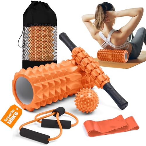 unycos - Set 5 en 1 de Rodillo【PP/EVA】para Masaje Muscular | Foam Roller Soporta 120 kg, Palo y Bola de Masaje, Banda de Resistencia, Cuerda de Forma y Bolsa de Transporte (Naranja)