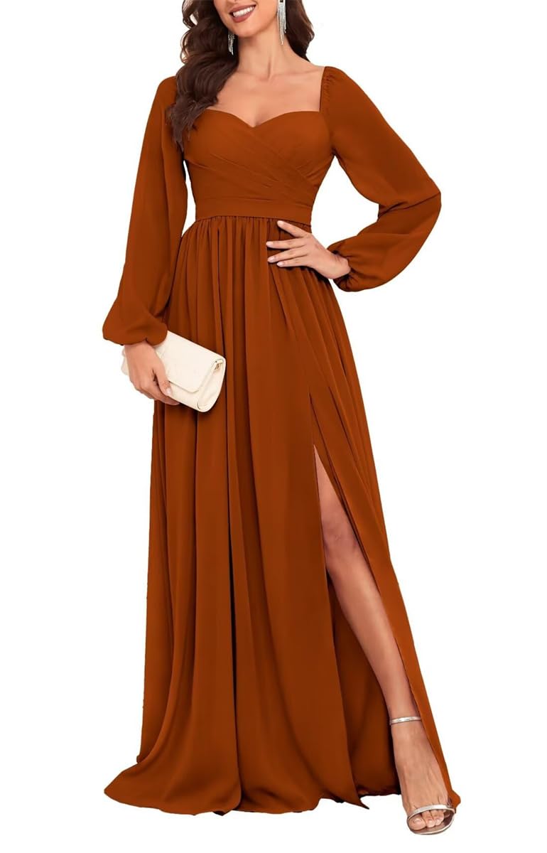 Hppee Women's Burnt Orange Long Sleeve Formal Dresses With Slit For Pleated Chiffon Off Shoulder Bridesmaid Dress Uk12