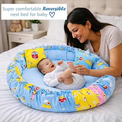 Image of Fareto Combo of Baby Bed with Net | Carry Bag | 4 Pcs Bedding Set (0-6 Months, Baby Size, Cotton) (Giffi Blue)