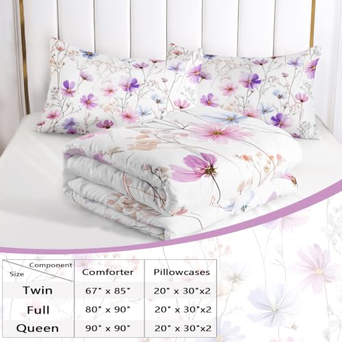 Image of AILONEN Delicate Floral Comforter Set Full Size, Lavender Stem Bedding Ensemble, Airy Blossom Bedspread Quilt with 2 Pillowcases for Teen Room