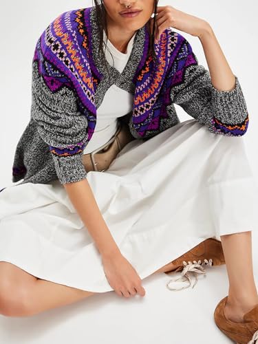 Women Floral Cardigan Sweater Vintage Button Down Crew Neck Knitted Sweaters Y2k Drop Shoulder Colorful Oversized Top4