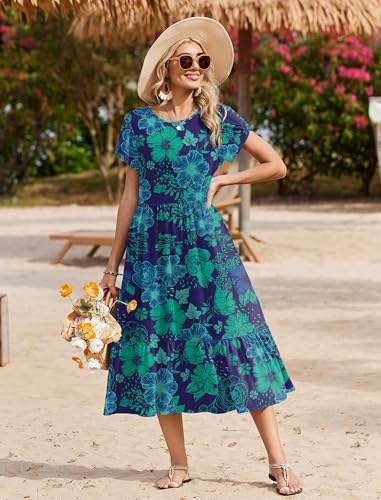 Image of Zeagoo Women Summer Midi A Line Dress Short Sleeve Casual Flowy Tiered Beach Long Sundress with Pockets 2026 Vacation Travel