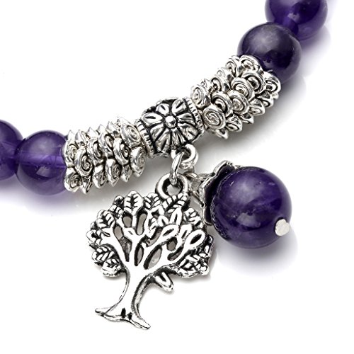 Jovivi 8Mm Purple Amethyst Natural Gemstone Healing Point Tree Of Life Lucky Charm Stretch Bracelet #TOP2