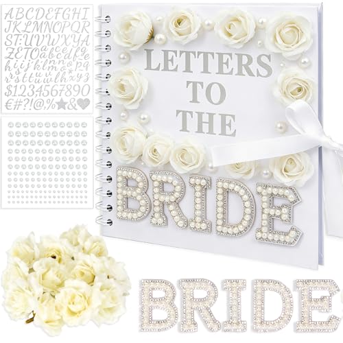 Libro de cartas para la novia, libro de visitas para despedida de soltera, álbum de recortes regalo | Pegamento de perlas, rosas y cinta incluidos, blanco 8x8 para consejos y deseos de damas de honor y familia en despedidas de soltera miniatura 1