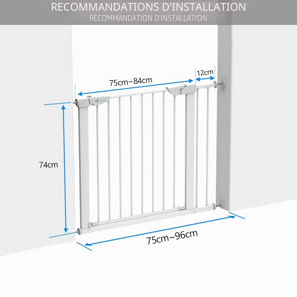 VOUNOT® Barrière de Sécurité Extensible 88-96cm Fermeture Auto et Magnétique sans Perçage Barrière à Pression pour Bébé et Chiens pour escaliers et Porte Hauteur 74cm Métal Blanc