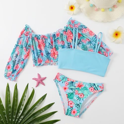 Girls Floral Print Tankini Cover Up Ruffle Crop Long Sleeve Top Swimsuit Kids Straps Beach Bathing Suit2