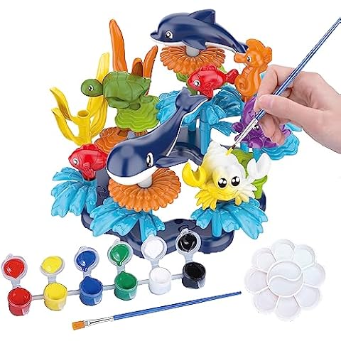 KC Republic Ocean Reef Sea Creatures 37pcs Water Washable Painting & Building Toy Set, Children's Activity Art Kit, Paint Your Own Buildable Ocean Reef Toy with Seahorse, Fish, Dolphin, Shark, Crab Cover