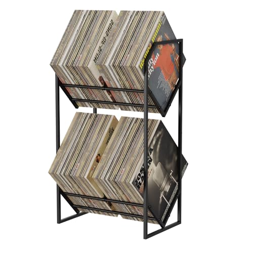 PAPAGIFTREE Vinyl Record Storage Rack, 2-Tier Vinyl Record Stand 200 Lps, Reinforced Design Album Display Shelf for Records Storage and Holder, Metal Records Rack Organizer (2 Tier)