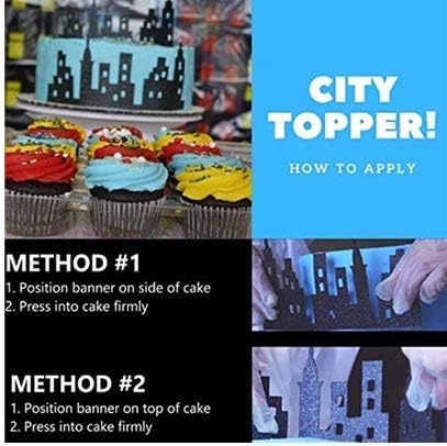 Miniatura 5 de CakeSupplyShop Decoración de borde de pastel con temática escénica (telón de fondo de ciudad iluminado de superhéroe)