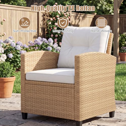 Image of Tangkula 3 Pieces Patio Furniture Set, PE Rattan Wicker 3 Pcs Outdoor Sofa Set w /Washable Cushion and Tempered Glass Tabletop, Conversation Furniture for Garden Poolside Balcony (Light Brown -White)