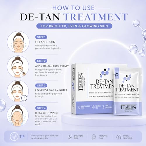 Image of Habibs De-Tan Treatment Kit Skin Brightening & Tan Removal Evens Skin Tone Salon Professional Formula Suitable for All Skin Types 12g X 6