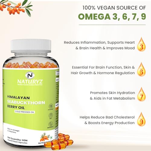 Image of NATURYZ Himalayan Sea Buckthorn Berry Oil Triple Strength 1120mg | Liquid fill Technology for High Absorption & Bioavailability | Full Spectrum Cold-Pressed Vegetarian Omega 7 + Omega 3-6-9 | Skin Glow, Immunity & Gut Health Supplement | Gentler on Stomach, Non-GMO - 60 Veg Capsules