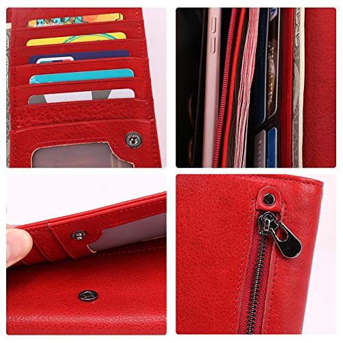Leather RFID Blocking Women's Trifold Clutch, Card Holder Phone Slot Ticket Book Organizer Zipper Coin Wallet (Red)3