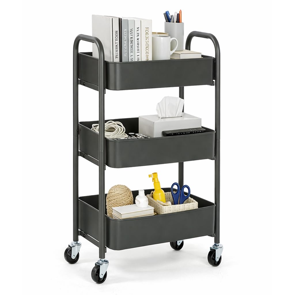 SunnyPoint 3-Tier Delicate Compact Rolling Metal Storage Organizer - Mobile Utility Cart Kitchen/Under Desk Cart with Caster Wheels (Gray, 15.35" X 10.24" X 26.8"H)