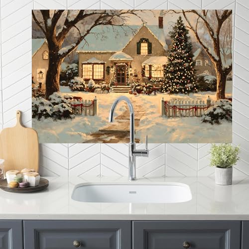 Image of Snowy Christmas House Backsplash Peel and Stick, 35.4x23.6 in