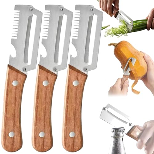Tiktrove Vegetable Cutter Stainless Steel Peeler with Wooden Handle Multifunctional Vegetable Peele Woode Handle Peele with Bottle Opener (3pc)