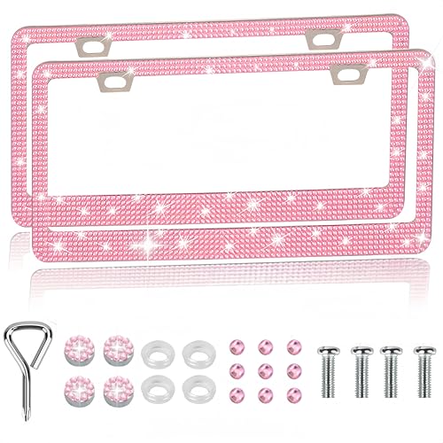 License Plate Frame,Lastingly Bling License Plate Frames,Stainless Steel & Obstruction-Free Car License Plate Frame with Multifaceted Rhinestones Bedazzled License Plate Holder (2-Crystal pink)